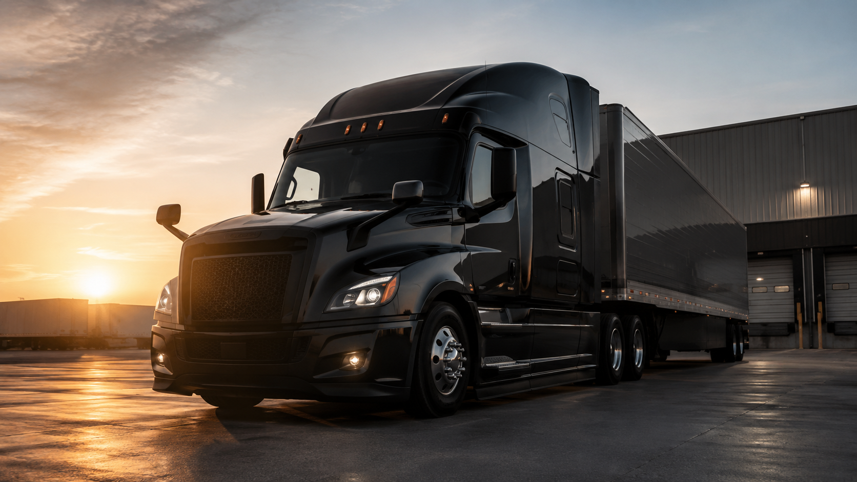 Black sleeper semi truck parked at a freight yard at sunrise