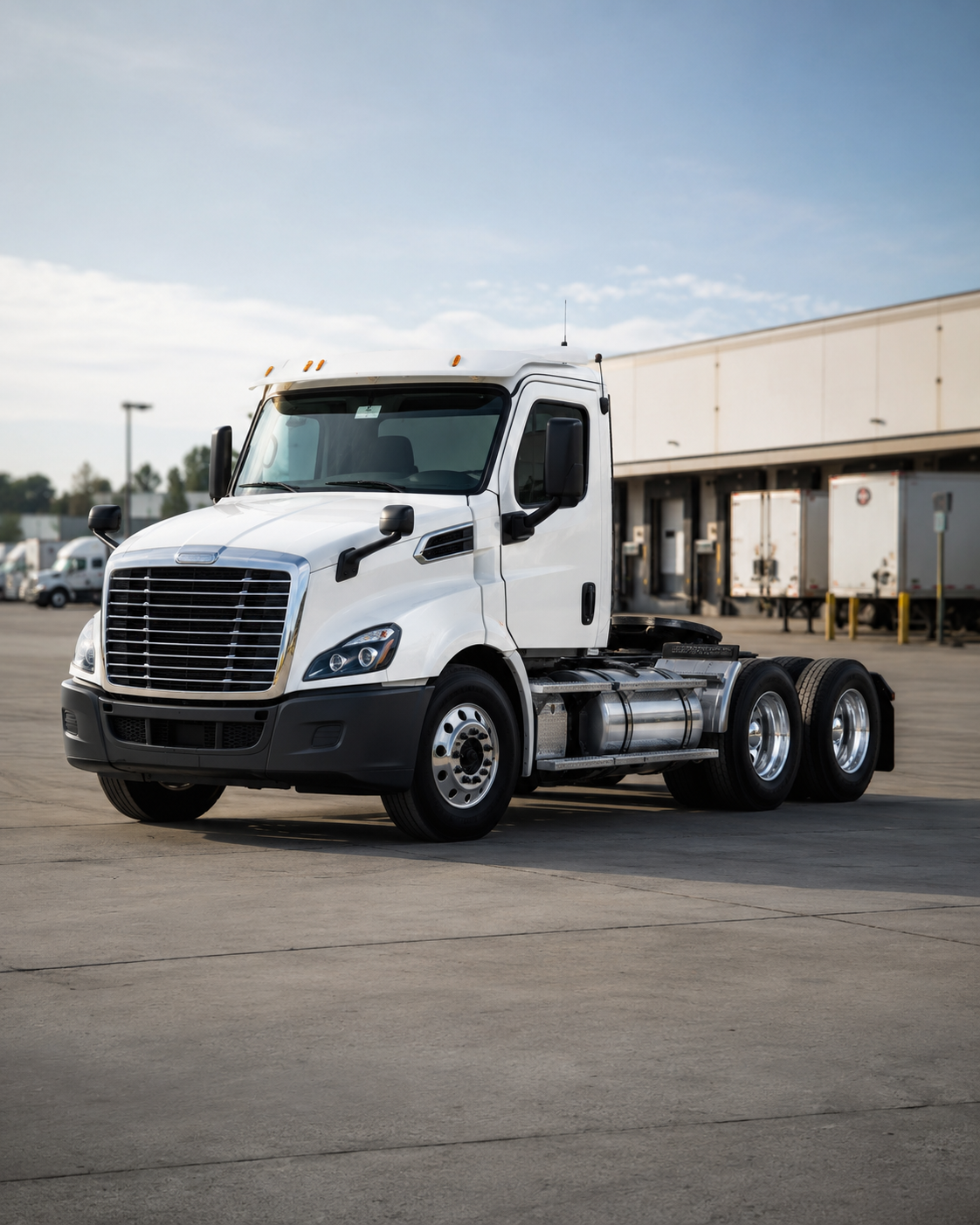 White day cab tractor parked in a distribution yard