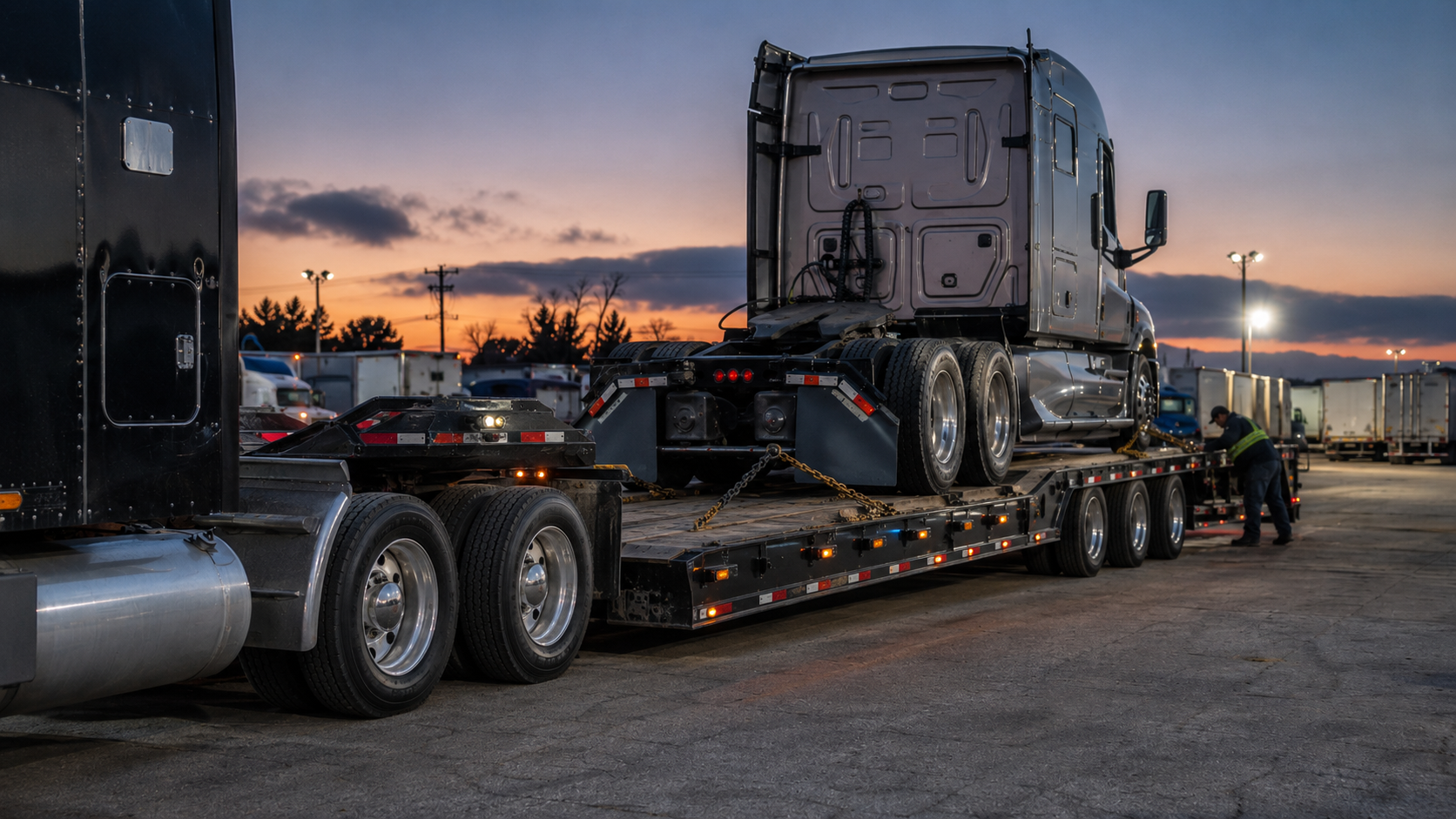 Semi tractor being loaded onto a heavy transport truck for pickup