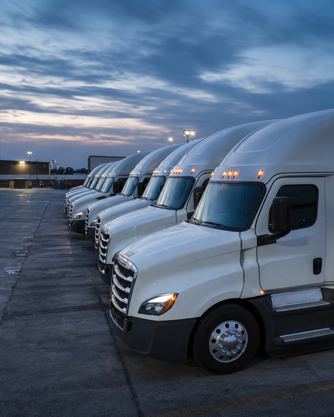 Row of matching semi tractors lined up at a fleet terminal