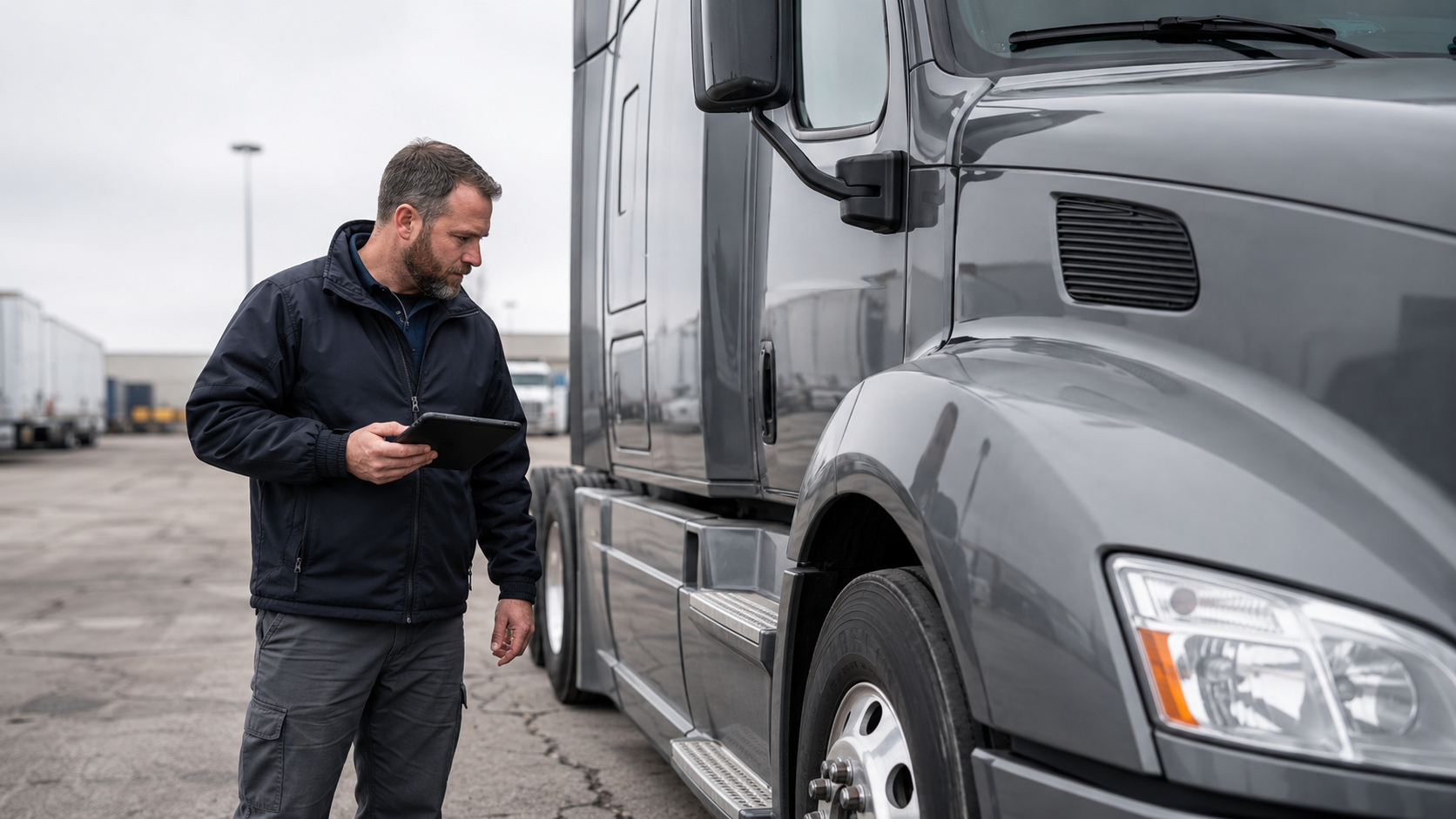 Commercial truck buyer inspecting a sleeper tractor with a tablet