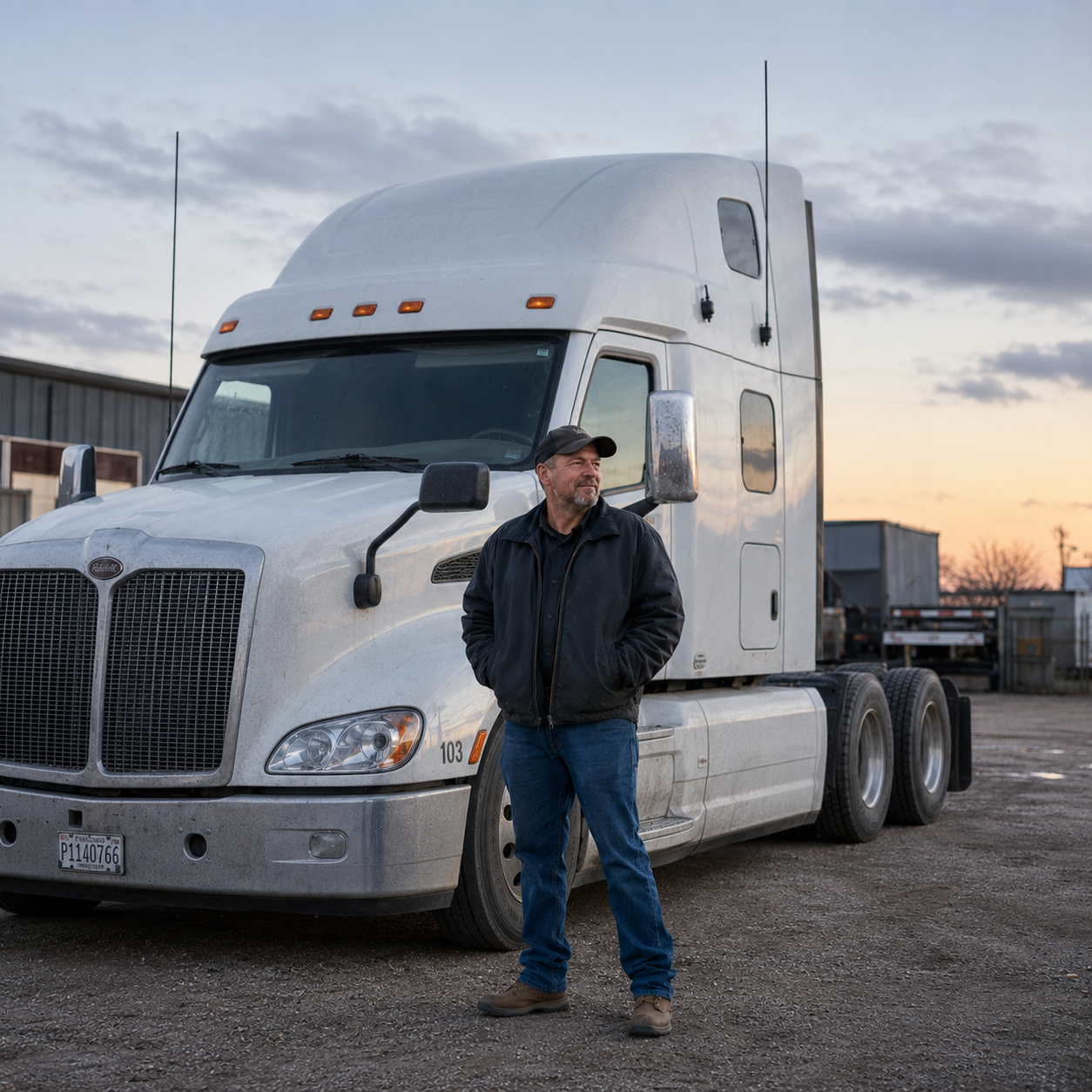Owner-operator standing beside his semi truck at a small trucking yard