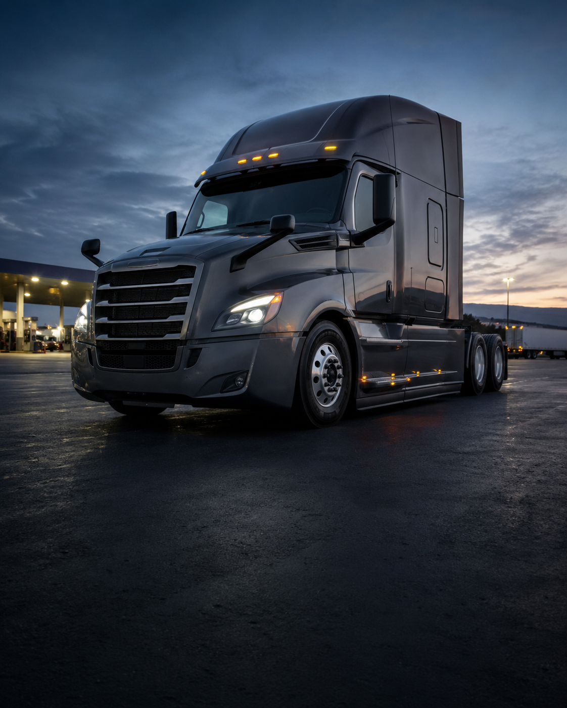 Modern dark gray Class 8 sleeper tractor at a truck stop before sunrise