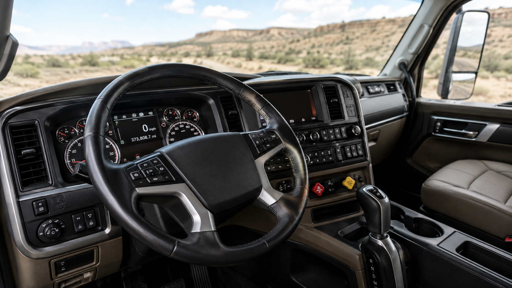 Semi truck dashboard and digital odometer close-up